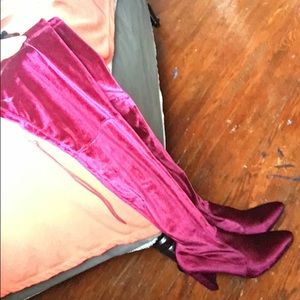 Fuschia velvet over the knee boots